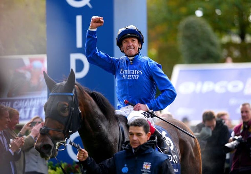Jockey Frankie Dettori celebrates on Trawlerman after winning the Qipco British Champions Long Distance Cup (John Walton/PA)