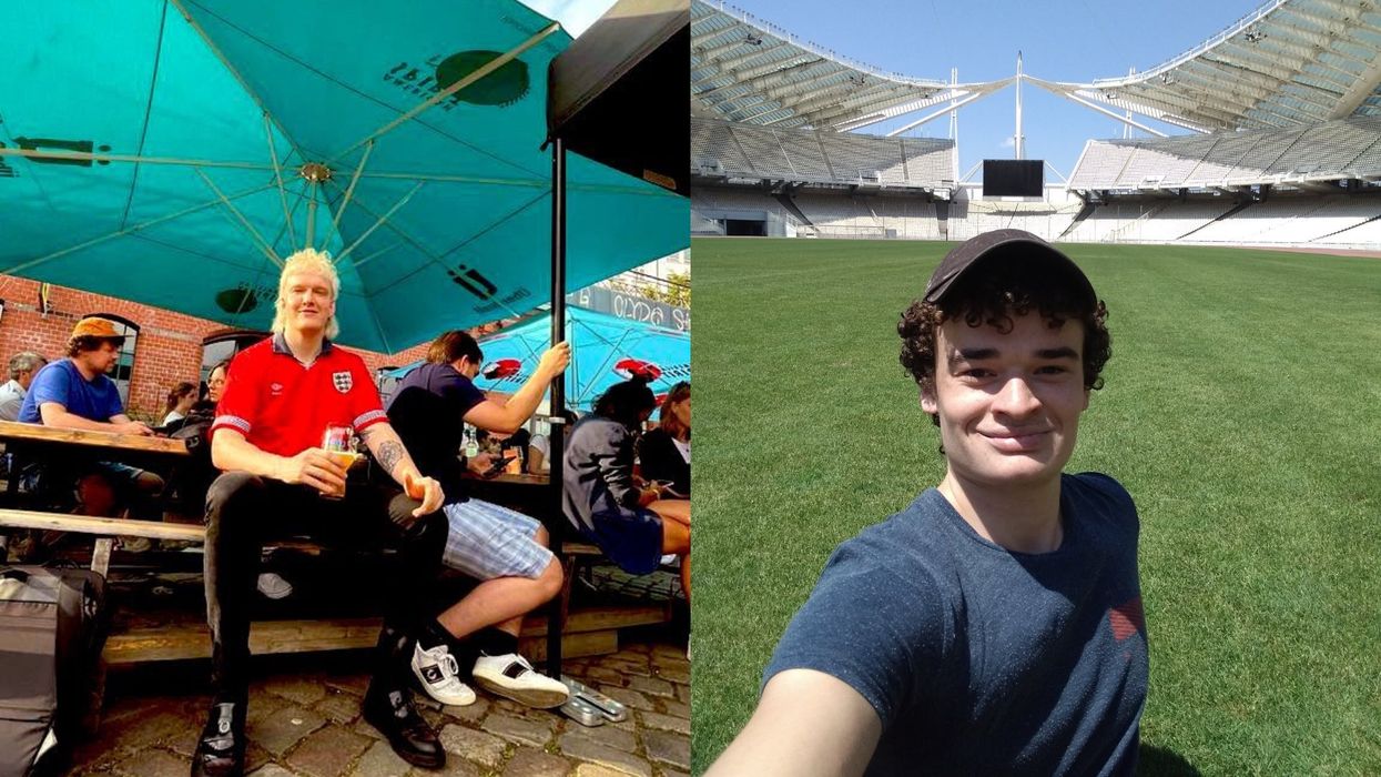 <p>Joel Phillips (left) and Jack Francis (right), two England fans in Europe who will be attending England v Ukraine in Rome</p>