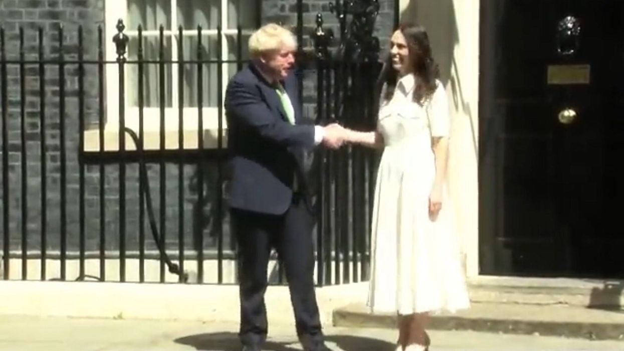 People think Boris Johnson almost tore off the NZ prime minister's arm with handshake