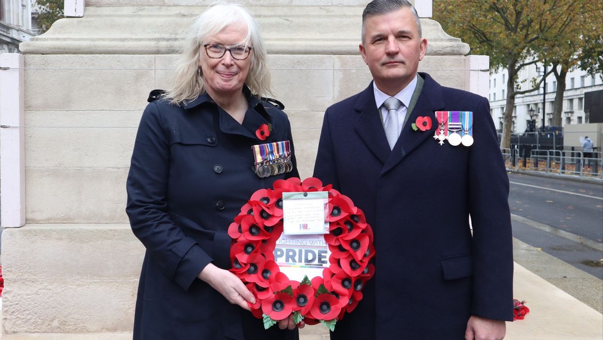 Joint chief executives of the charity Fighting With Pride, Caroline Paige and Craig Jones MBE, at the Cenotaph ahead of the Remembrance service (Fighting With Pride/PA)