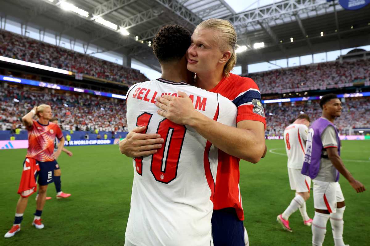 Jude Bellingham #10 of England and Erling Haaland #9 of Norway embrace after the FIFA World Cup 2026 Quarter Final match between Norway and England at Miami Stadium on July 11, 2026 in Miami Gardens, Florida