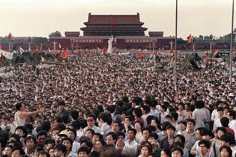 June 2, 1989 shows hundreds of thousands of Chinese gathering around a 10-metre replica of the Statue of Liberty (centre), called the Goddess of Democracy, in Tiananmen Square demanding democracy despite martial law in Beijing