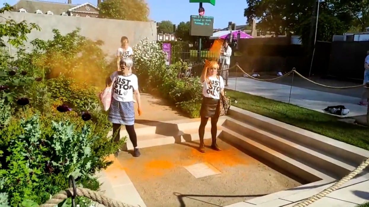 'Hero' casually hoses Just Stop Oil activists after they throw paint at Chelsea Flower Show
