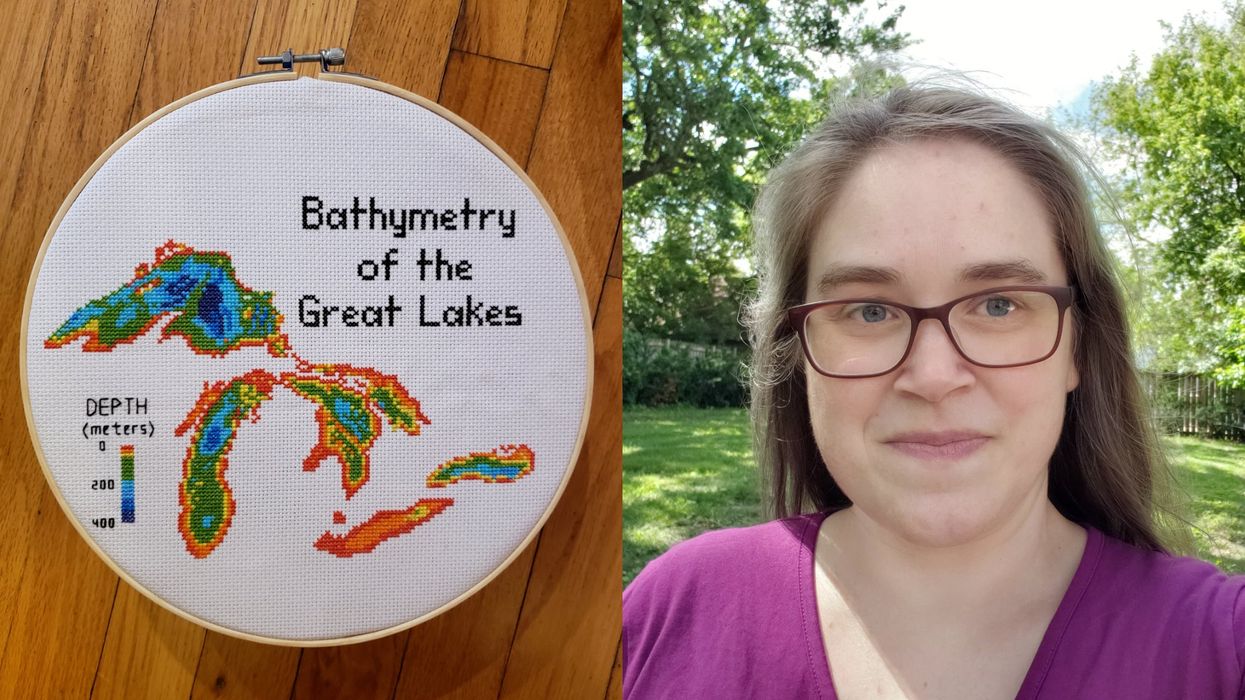 Kara Prior creates artworks which also educate on earth science - to the left, a picture of the bathymetry of the Great Lakes is stitched onto a white circular background, and to the right, Kara wears a purple top and dark-rimmed glasses, with trees in the background