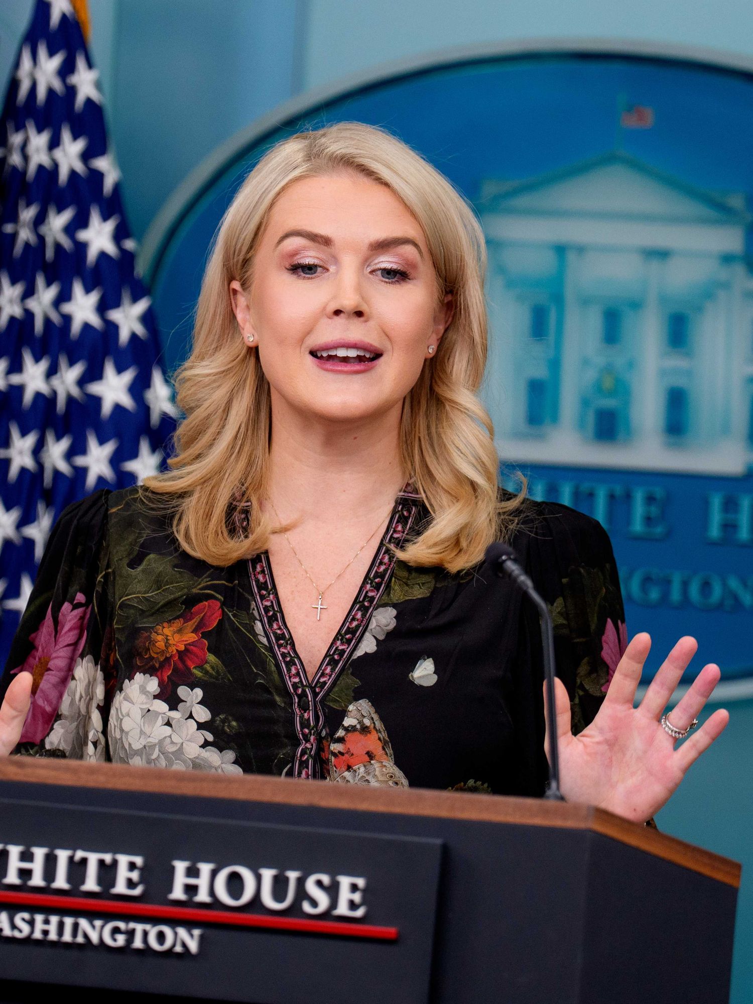 Karoline Leavitt speaks to press from a dark blue presidential lectern inside the White House.