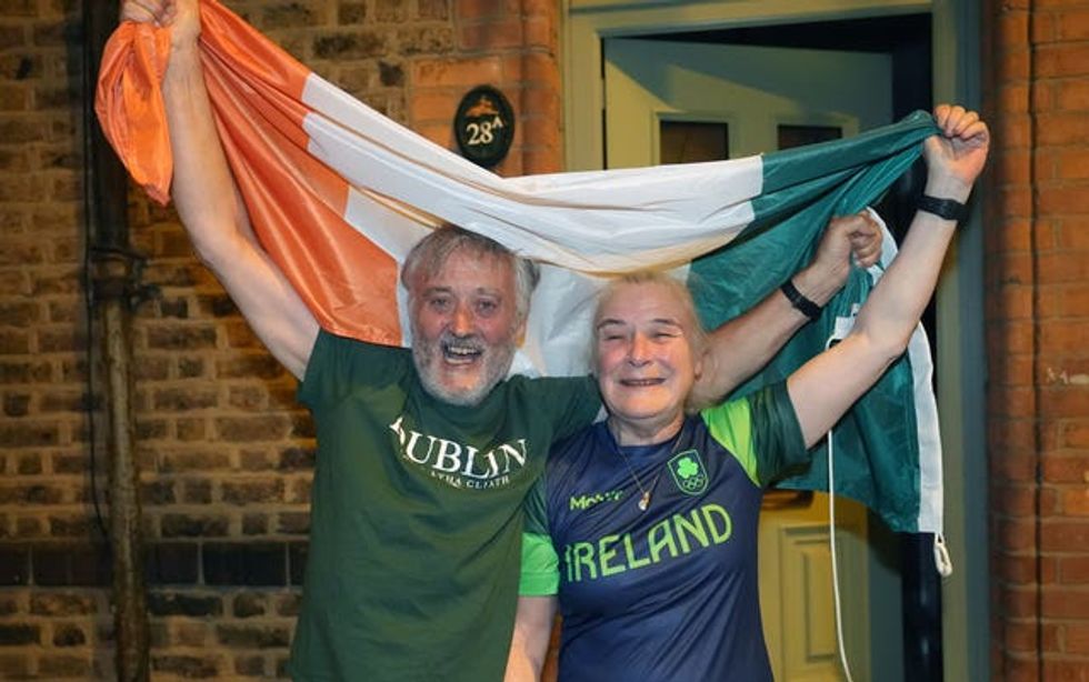 Kellie Harrington\u2019s parents Yvonne and Christy Harrington celebrate in Dublin