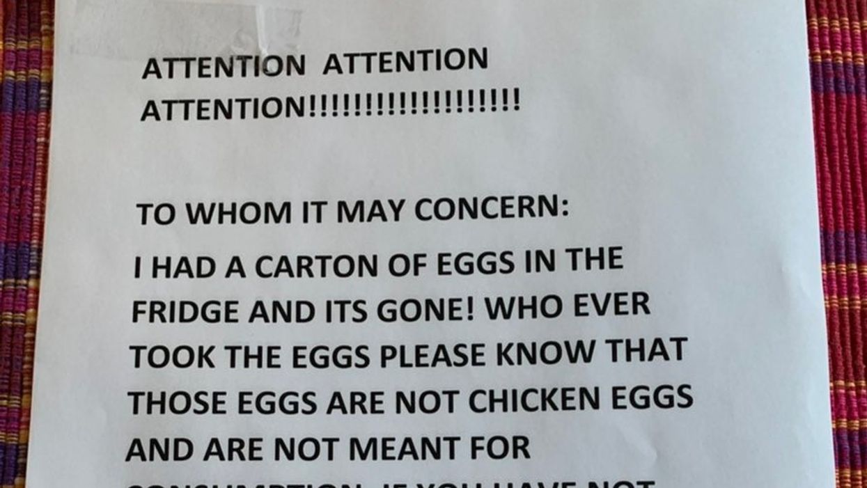 <p>Kojo’s mum left a note at work to deter people from stealing her food</p>