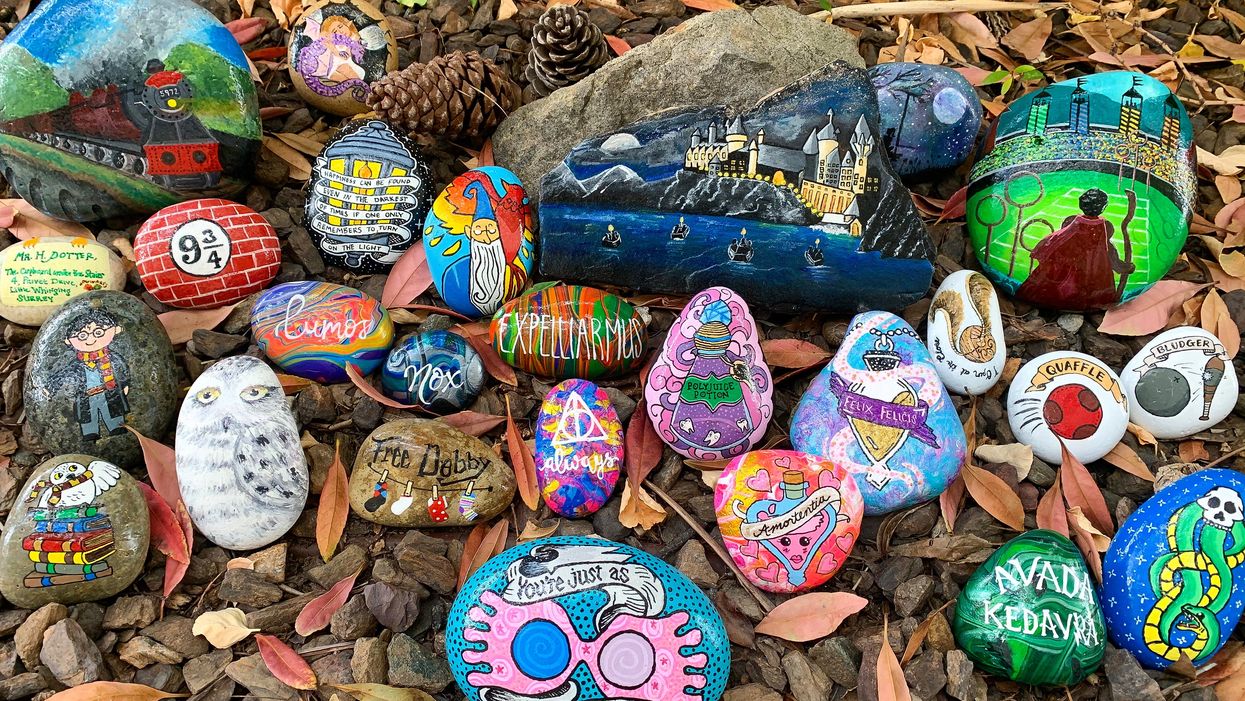 Kristen Newman's Harry Potter rock garden, with stones painted in a Harry Potter theme