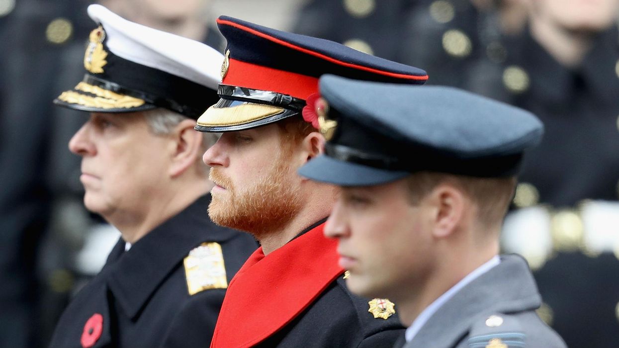 (L-R) Prince Andrew, Duke of York, Prince Harry and Prince William, Duke of Cambridge.