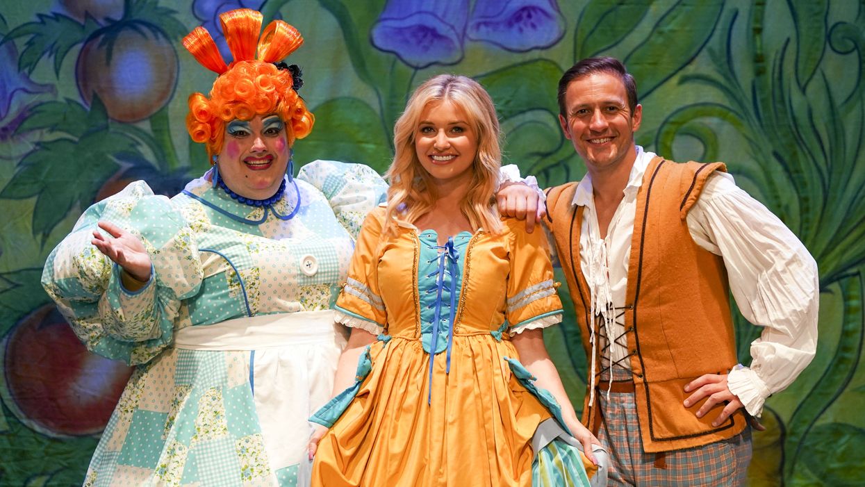 (L to R) Jack Edwards as Dame Trott, Amy Hart as Princess Jill, and Sean Smith as Jack in Jack And The Beanstalk at the Kings Theatre in Southsea (Steve Parsons/PA)