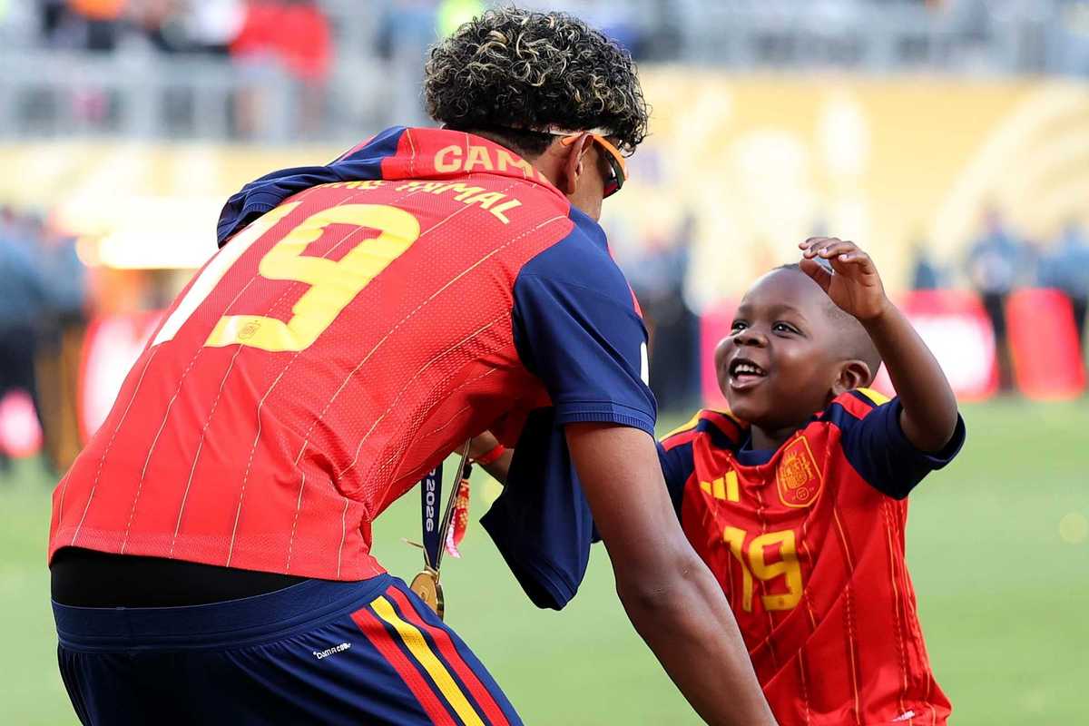 Lamine Yamal #19 of Spain celebrates with his little brother Keyne after the team's victory following the FIFA World Cup 2026 Final match between Spain and Argentina at New York New Jersey Stadium on July 19, 2026 in East Rutherford, New Jersey