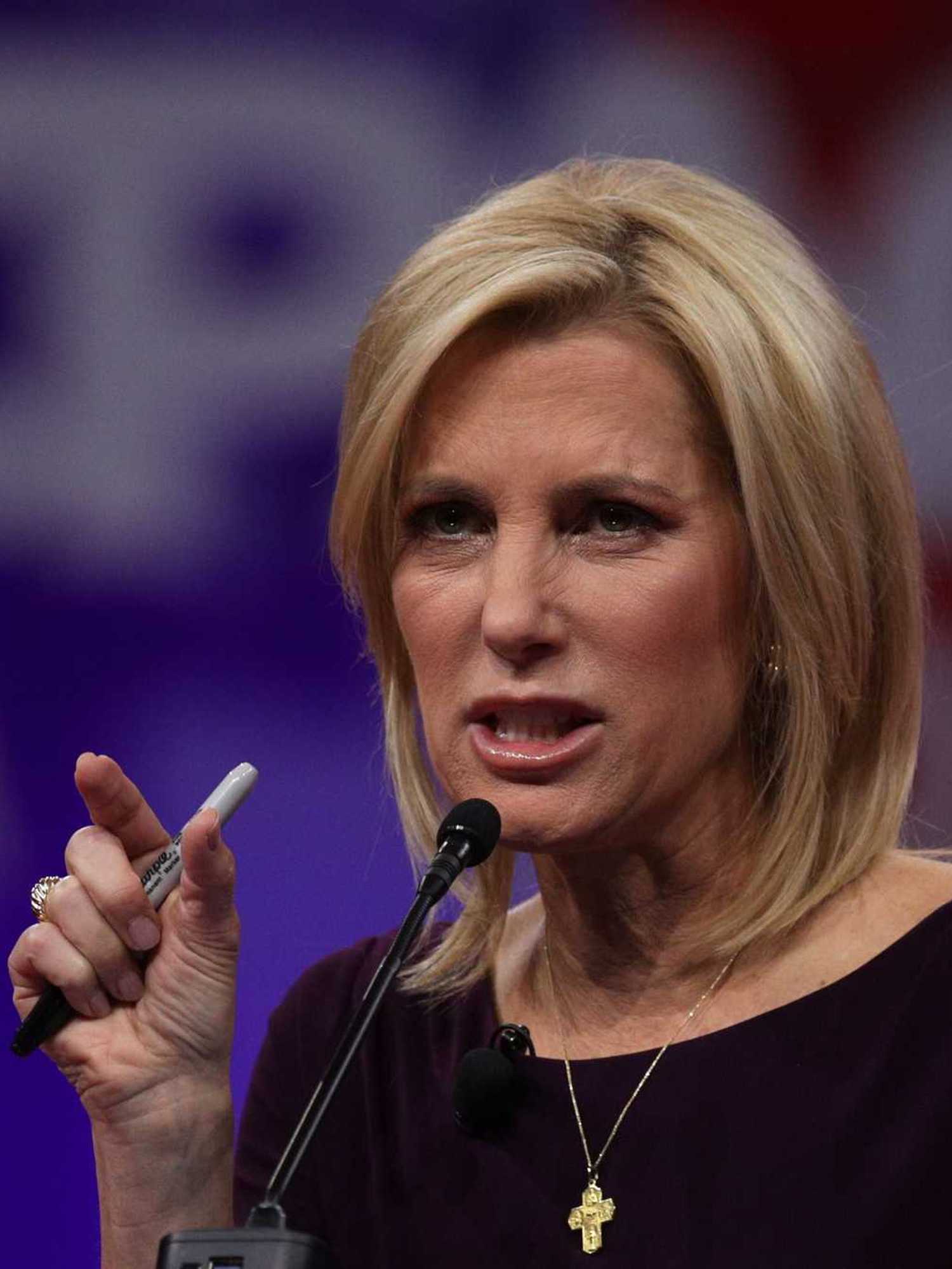 Laura Ingraham, a white woman with short blonde hair, speaking at CPAC in 2019.