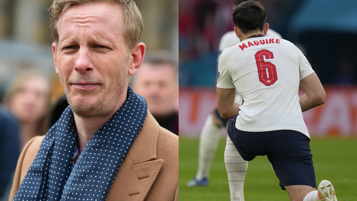 <p>Laurence Fox, left, and Harry Maguire taking the knee </p>
