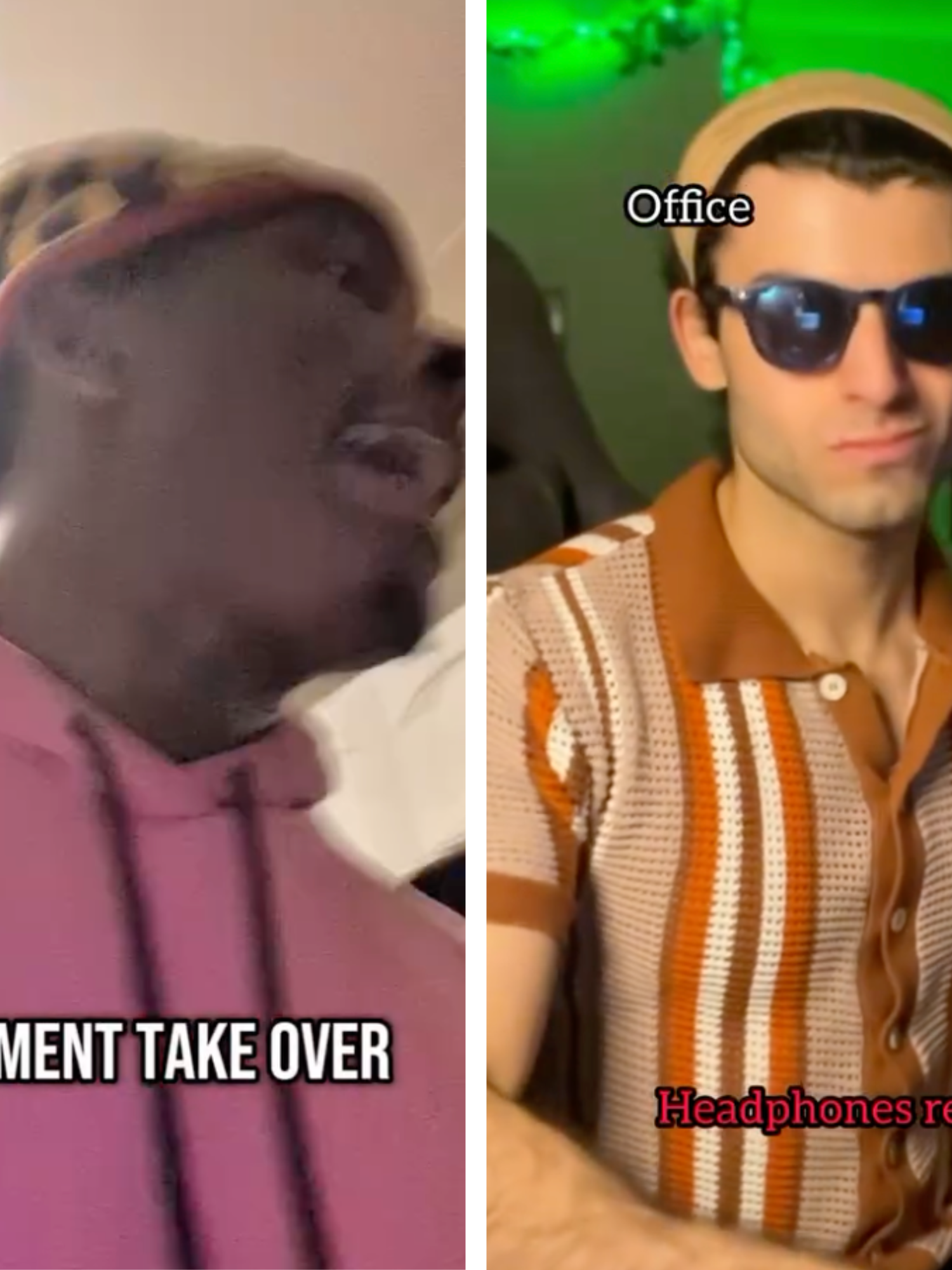 Left, a Black man in a pink hoodie sings the words 'Hostile government takeover'. Right, a white man in sunglasses and an orange shirt sits behind a keyboard, with green lighting behind him.