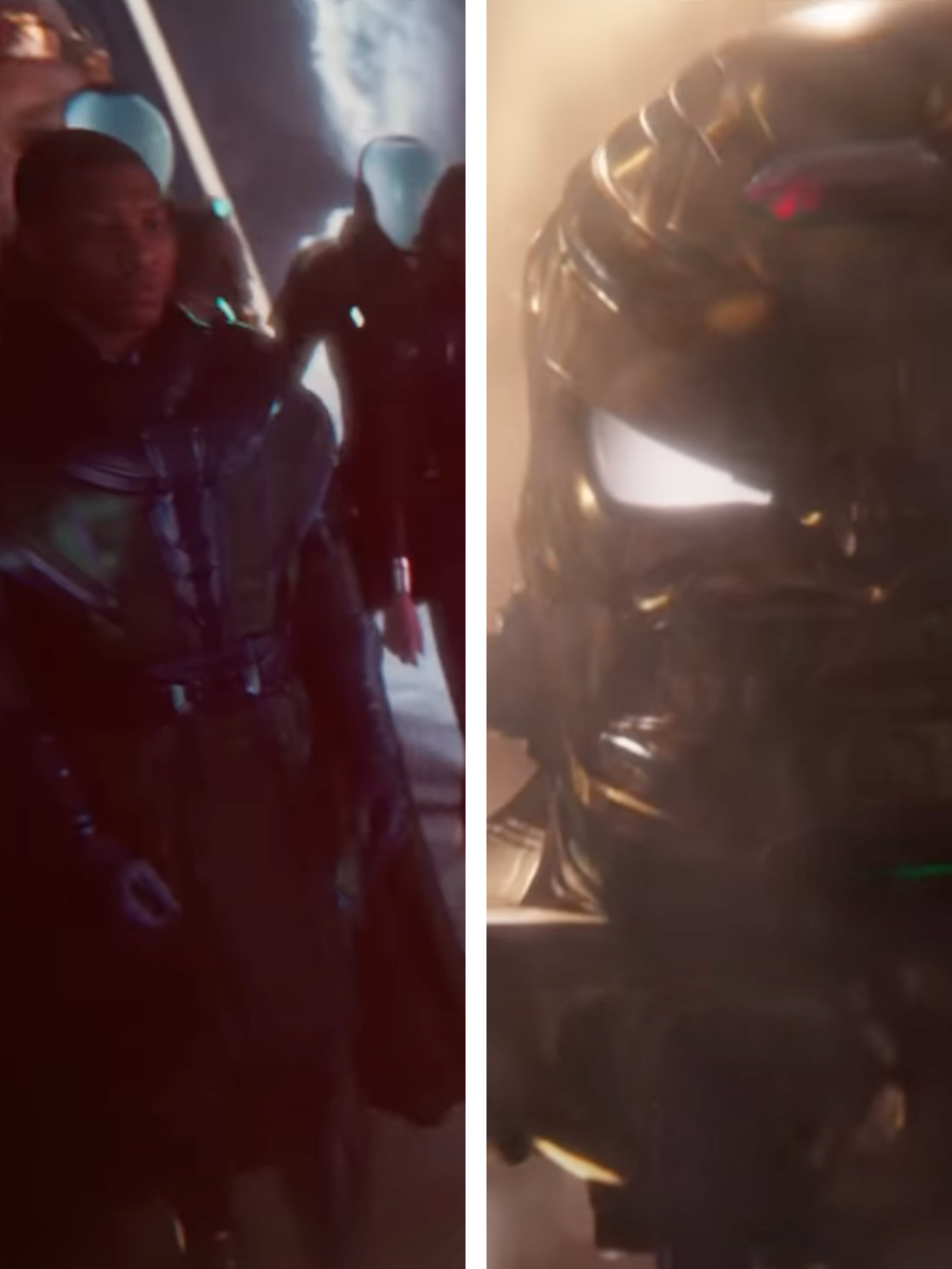 Left, a Black man in a superhero suit and cape walks on a platform, with a giant CGI floating head behind him. Right, the same floating head, but now in golden armoured casing with bright white eyes.