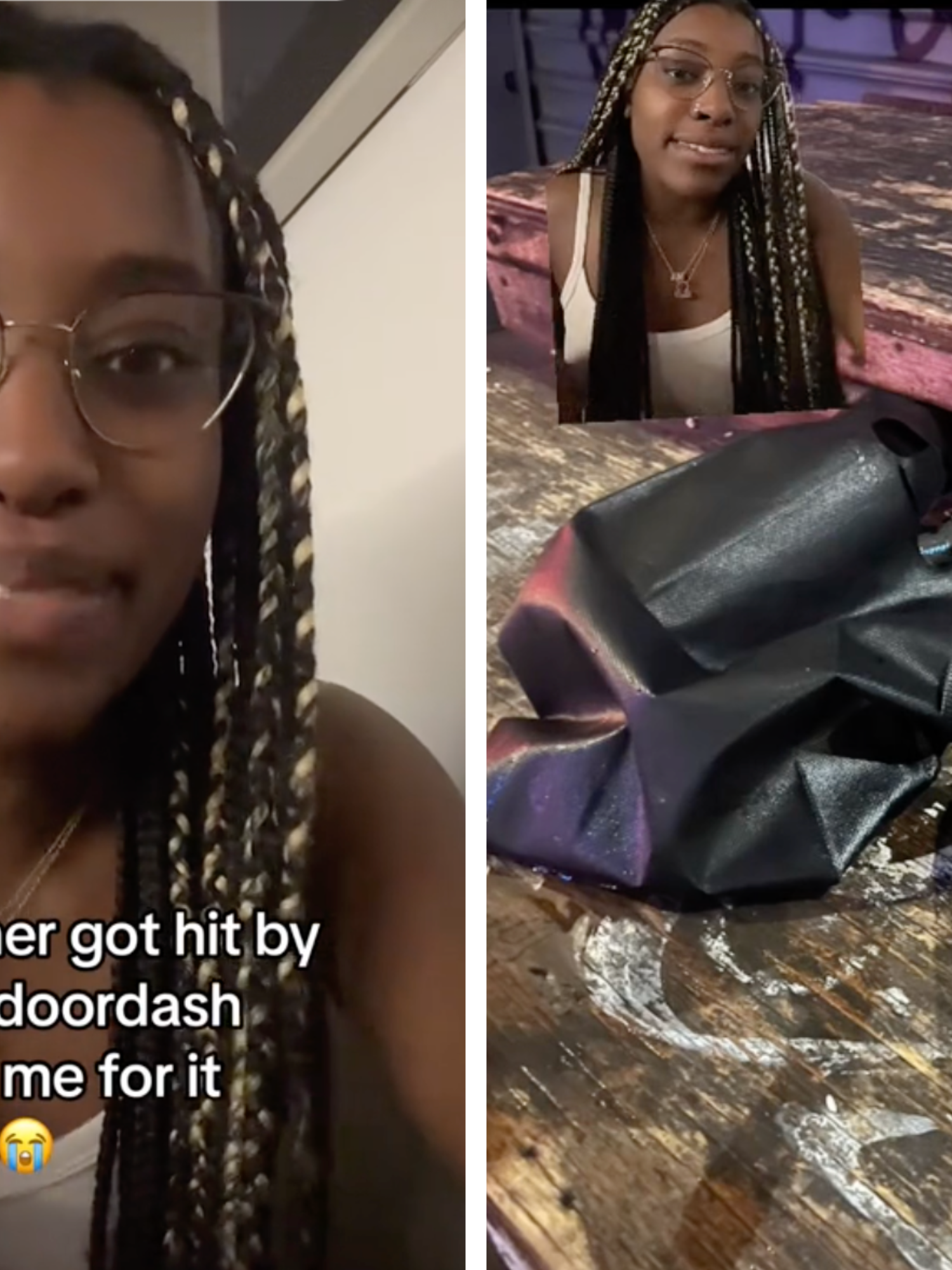 Left, a Black person with long, braided black and blonde hair talks to the camera with text overlaid reading: 'My DoorDasher got hit by a car and DoorDash charged me for it'. Right, an image of a smashed bottle and bag on a wooden bench, with the same person in the top left overlaid on top of the picture.