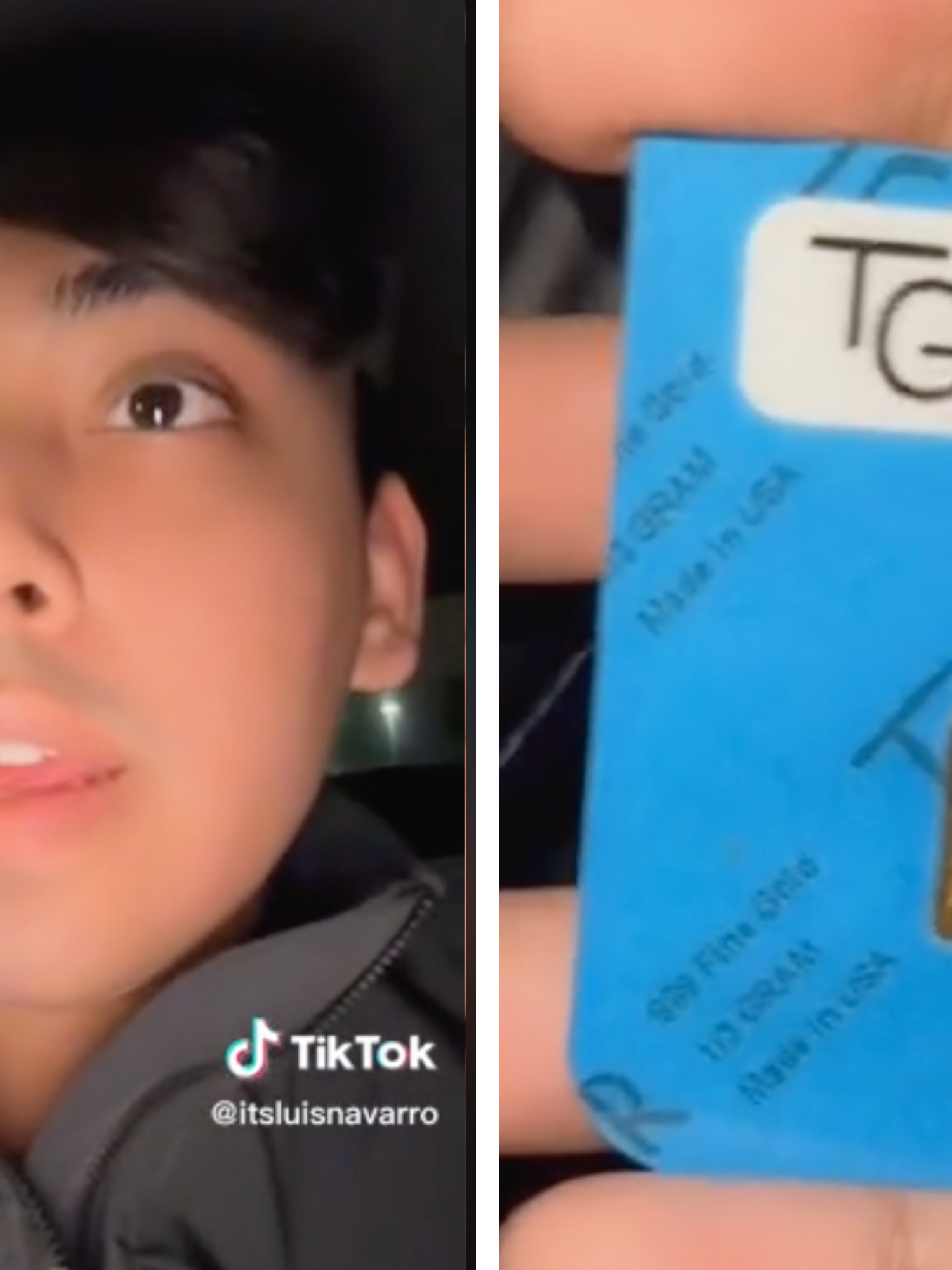 Left, a brown man with short black hair films a video in his car. Right, he holds up a blue card with a small piece of gold inside.