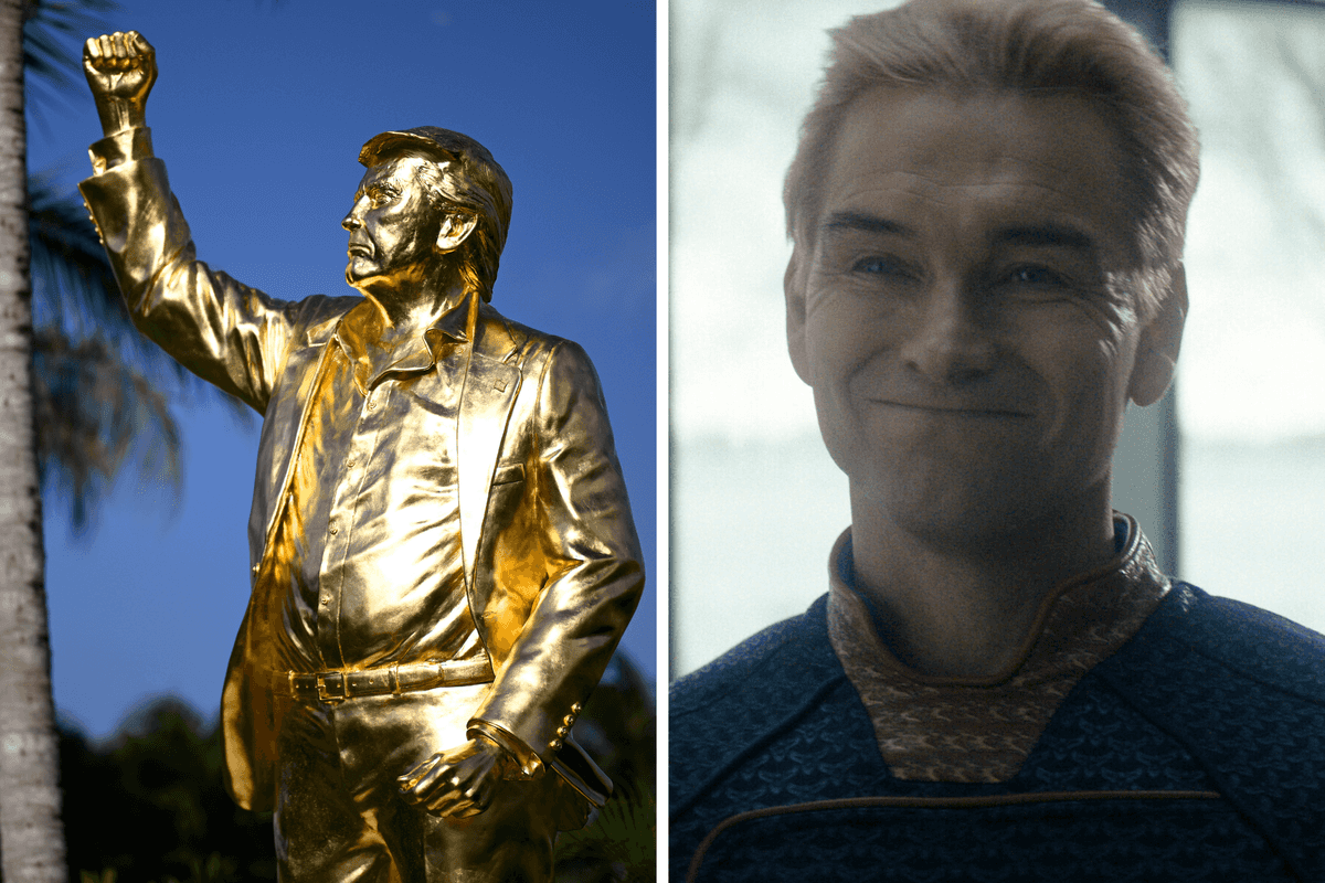 Left, a gold statue of Donald Trump. Right, Antony Starr as Homelander in The Boys.