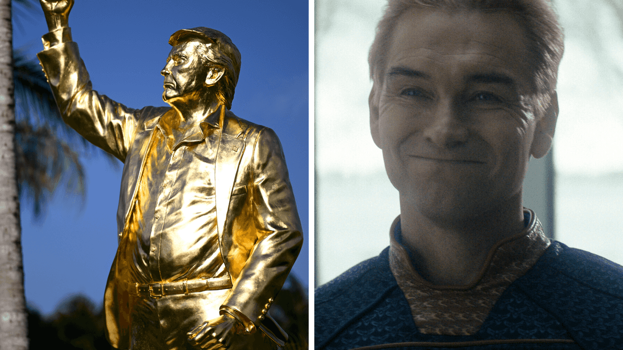 Left, a gold statue of Donald Trump. Right, Antony Starr as Homelander in The Boys.