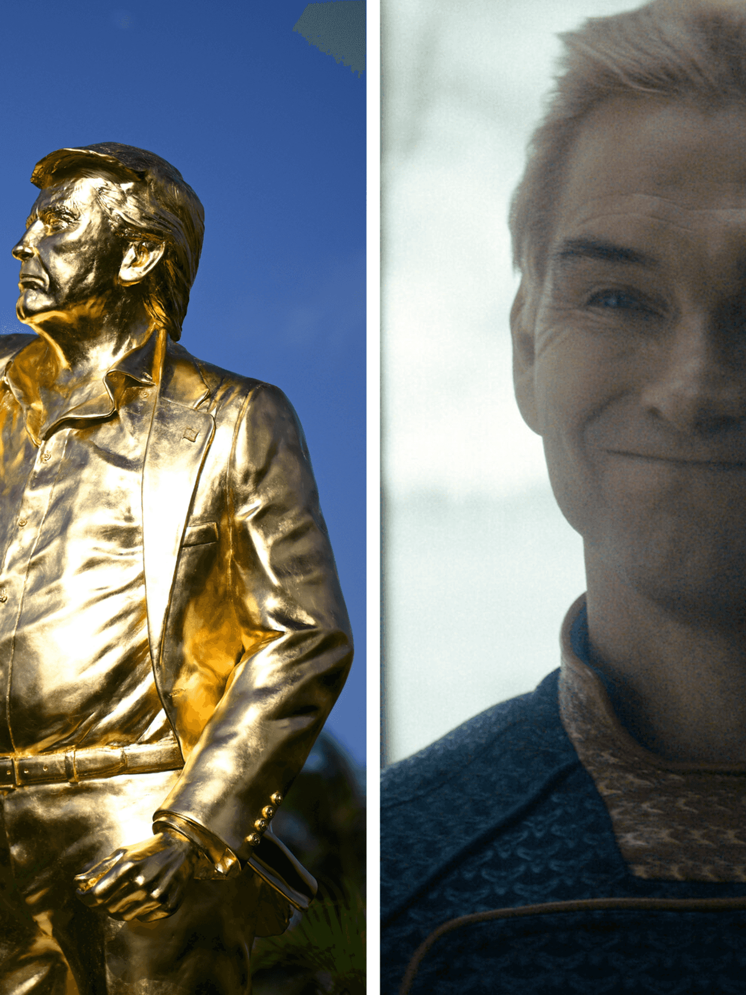 Left, a gold statue of Donald Trump. Right, Antony Starr as Homelander in The Boys.