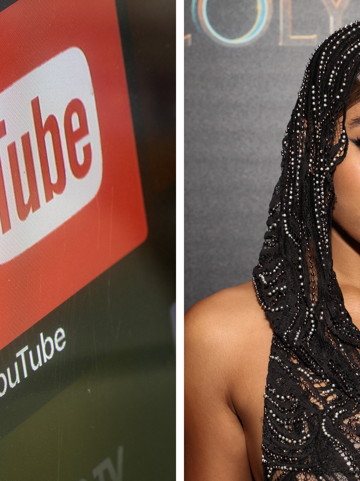 Left, a red YouTube logo on a screen. Right, Amandla Stenberg in front of a poster board for The Acolyte.