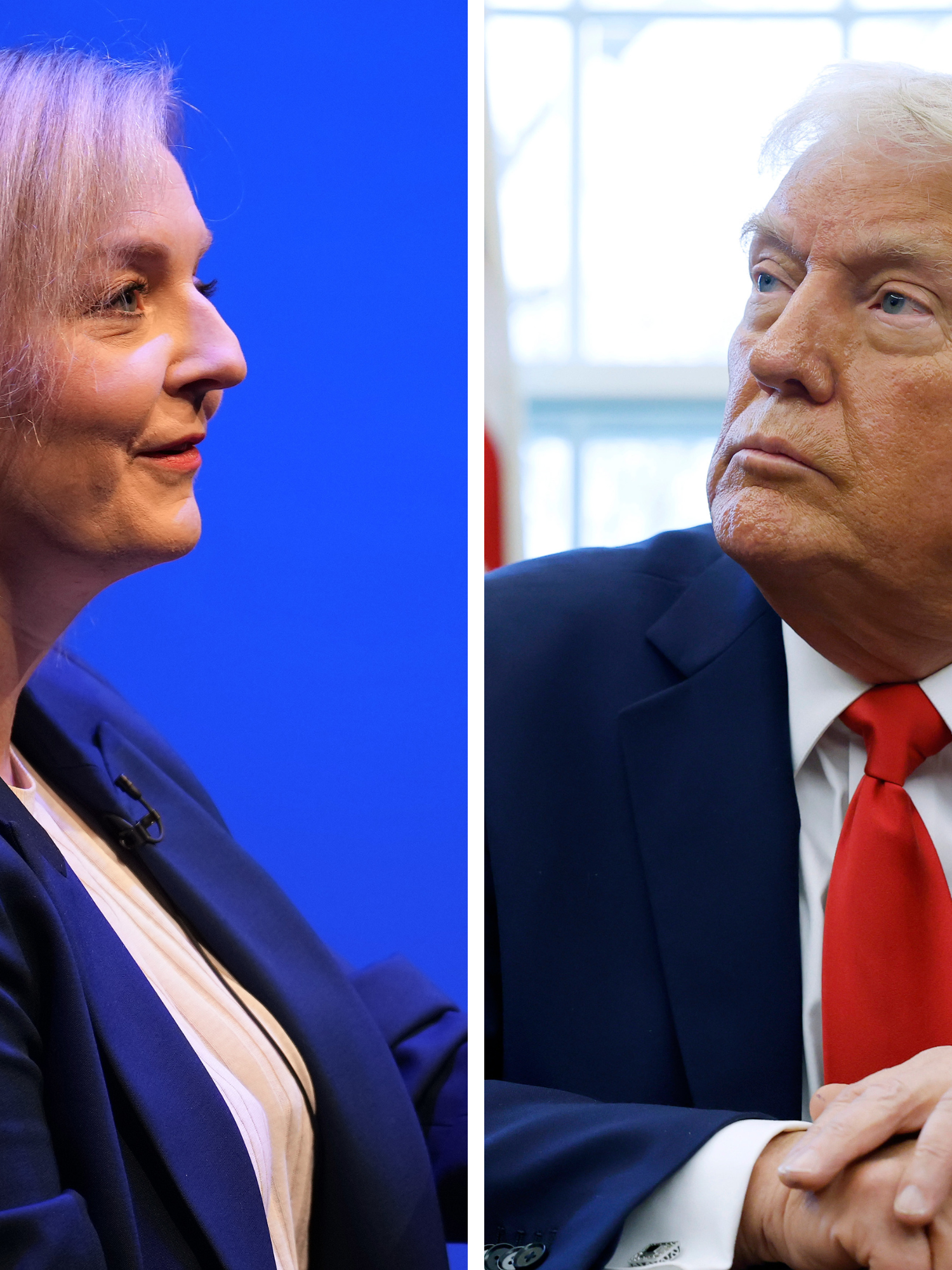 Left, a side-on photo of Liz Truss, in a blue suit with short blonde hair. Right, Donald Trump, looking up at someone on his right and wearing a dark blue suit and red tie.