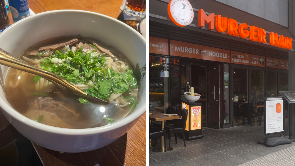 Left, a slow cooked lamb noodle soup in a bowl. Right, the exterior of a restaurant called 'Murger Han', with bright orange lettering outside.