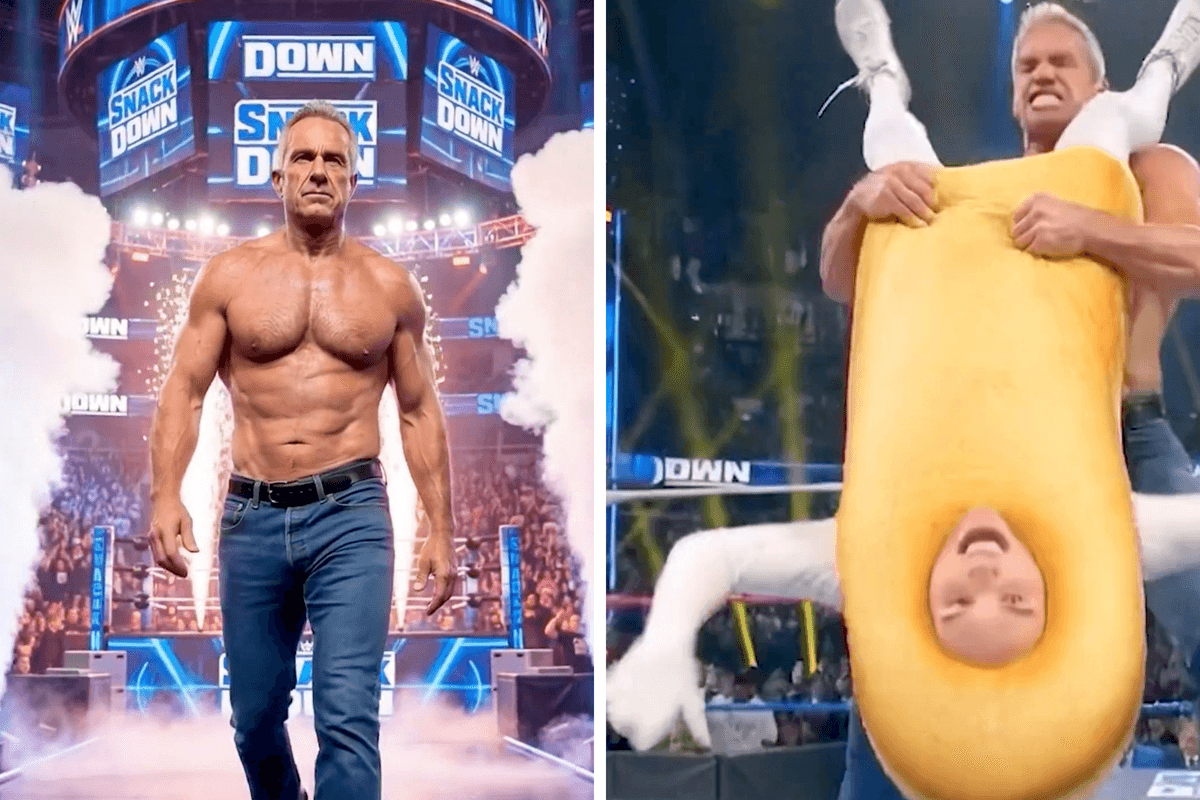 Left, a topless RFK Jr walking away from a wrestling ring. Right, RFK Jr performing a wrestling move on an upside down man in a Twinkie costume.