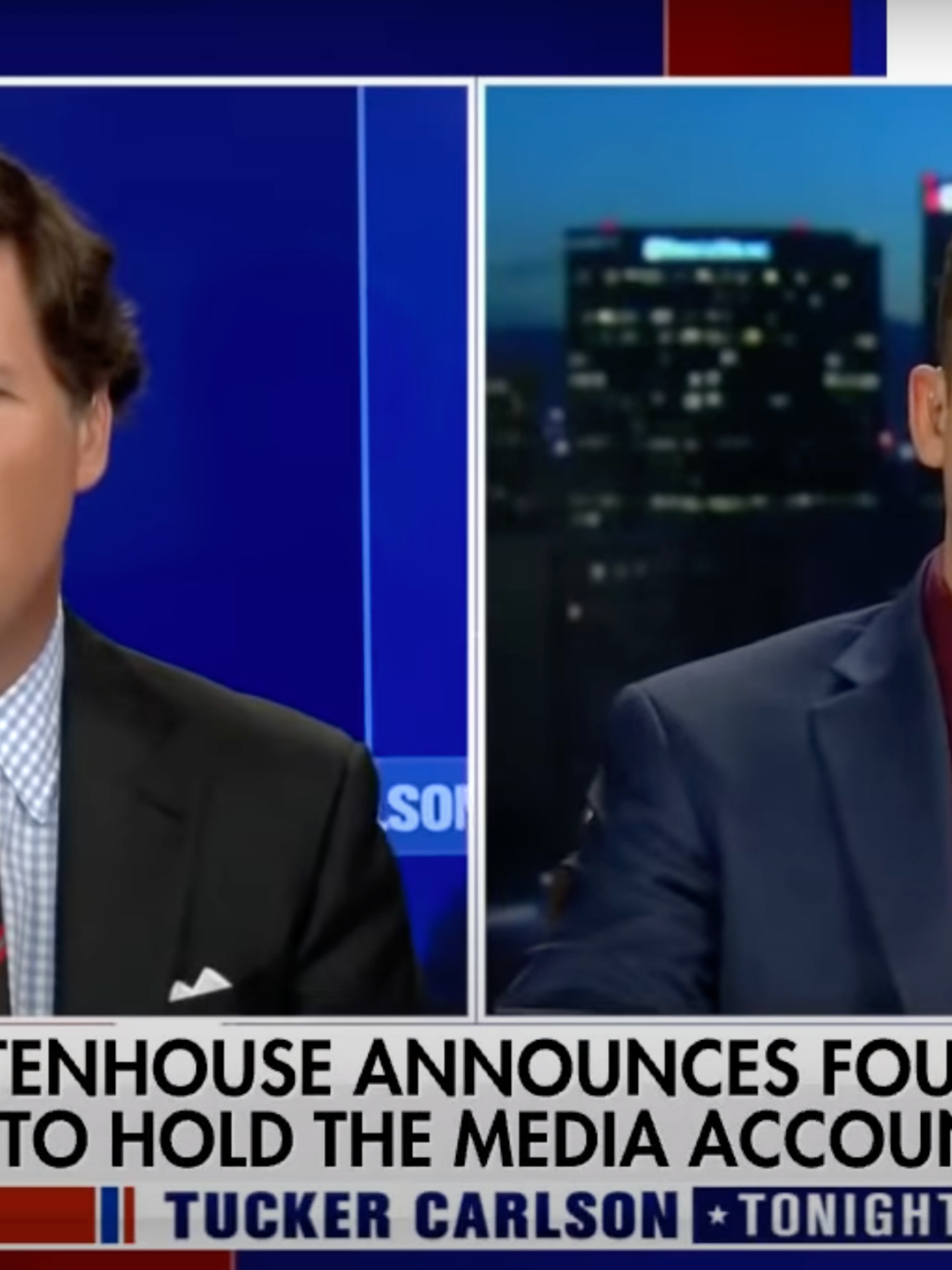 Left, a white man in a black suit with curly black hair. Right, a white man with short black hair and a blue suit. They are both on Fox News conducting an interview.