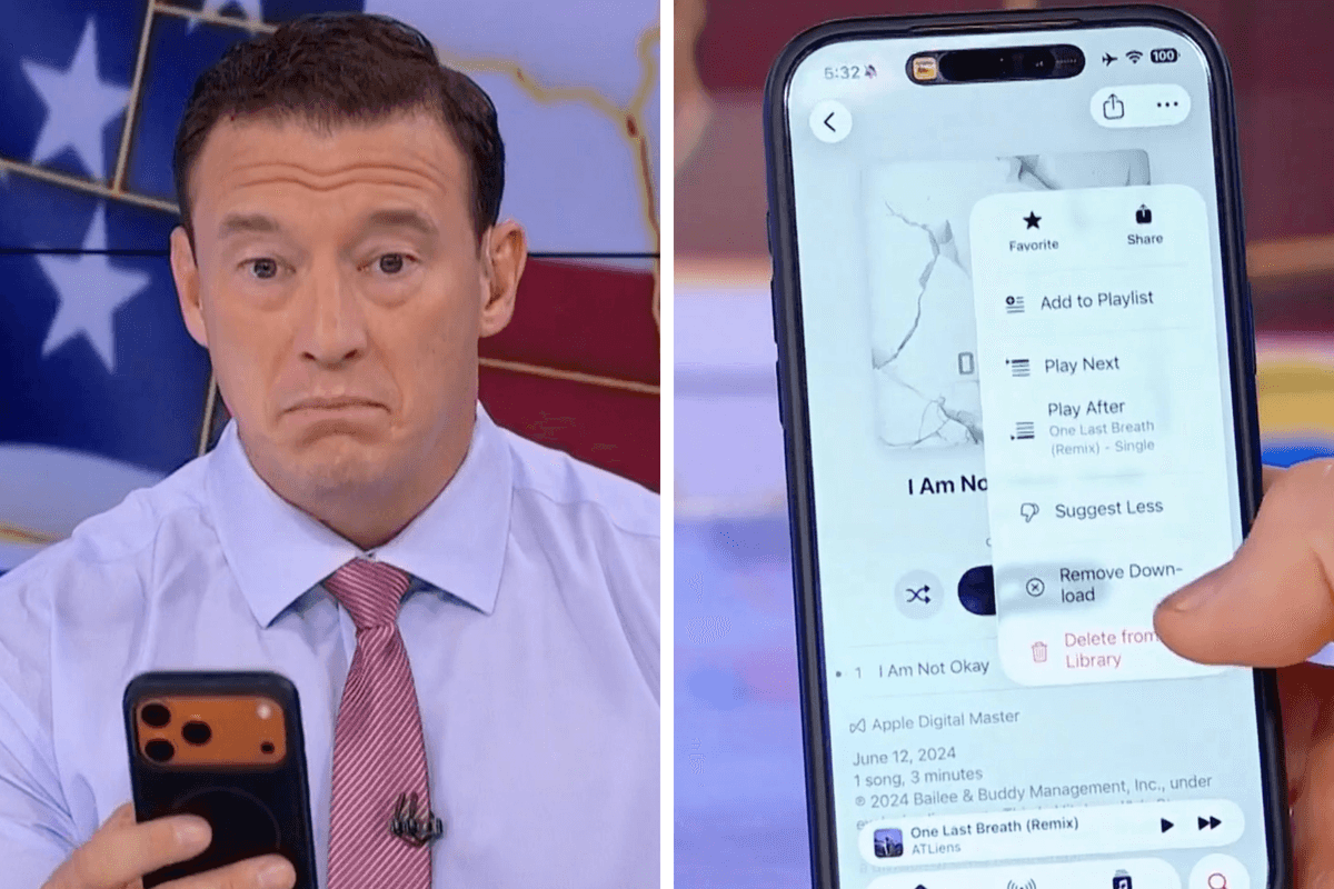 Left, a white man with short black hair holds up his iPhone in his right hand. Right, the same phone shows an album being deleted from an Apple Music library.