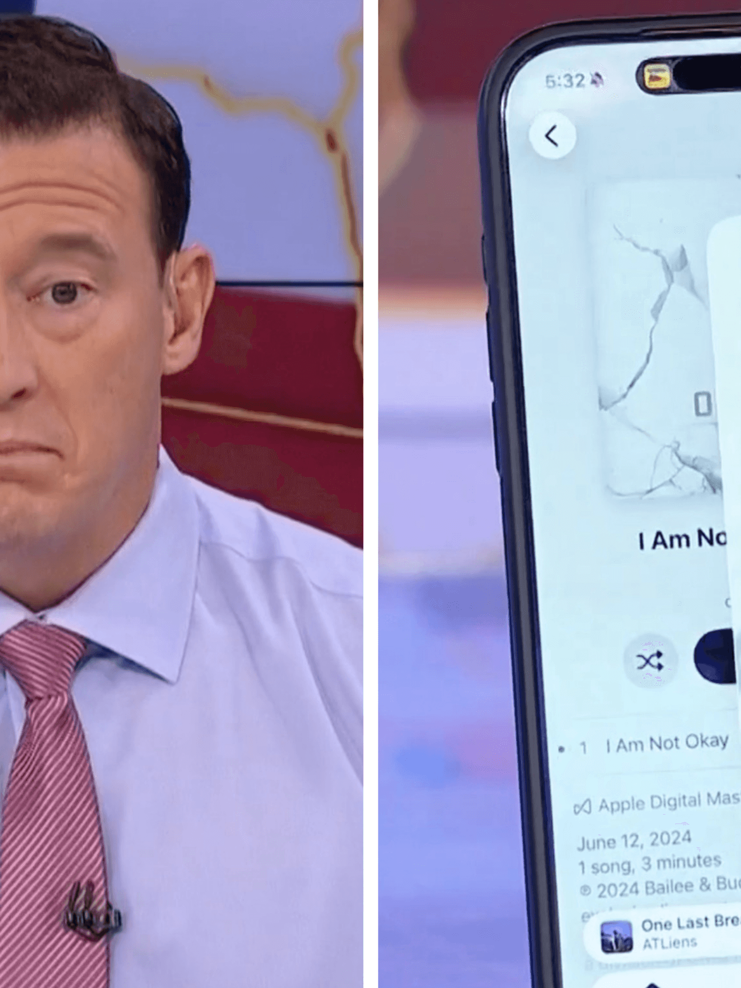 Left, a white man with short black hair holds up his iPhone in his right hand. Right, the same phone shows an album being deleted from an Apple Music library.