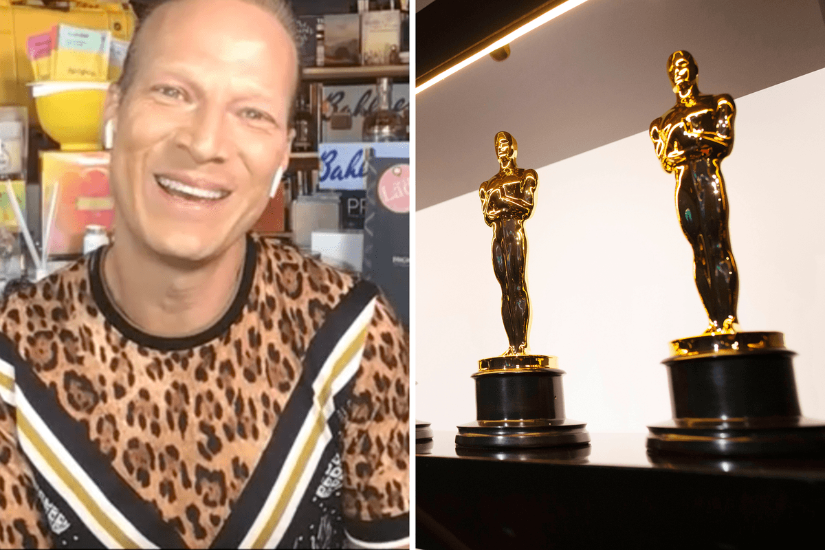 Left, a white man with short blonde hair on a Zoom call, wearing a brown leopard print top and smiling in front of several gifts displayed behind him. Right, two Oscars trophies on a shelf.