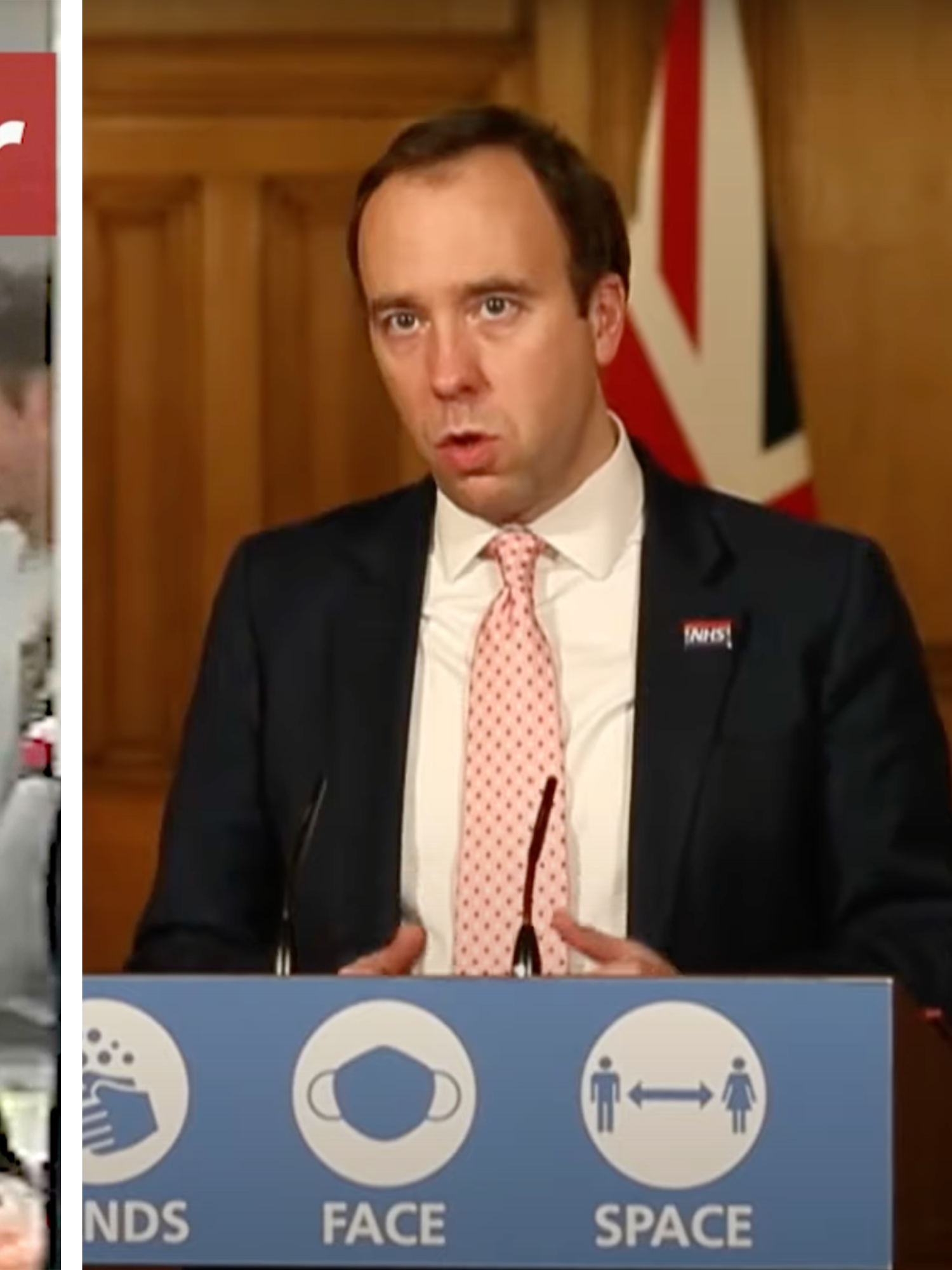 Left, a white woman in a black dress holding a phone and a glass at a party. Right, Matt Hancock, a white man in a black suit, speaks behind a blue lectern with the words 'hands, face, space' on it.