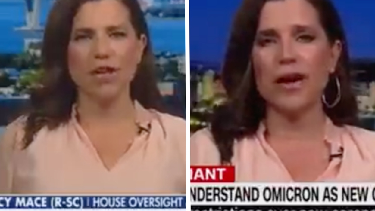 Left, a white woman with long brown hair and a pink dress appears on one news channel during the day. Right, she appears on another show on another network, wearing the same dress, with hair styled the same.