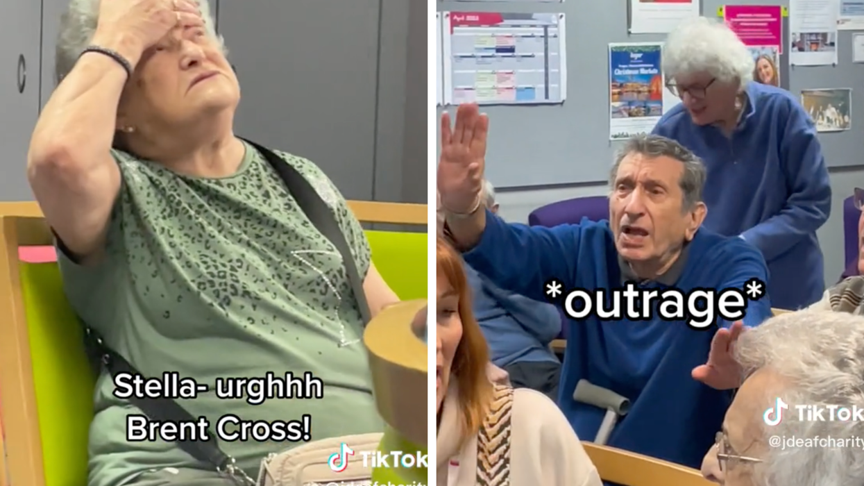 Left, a white woman with short grey hair and a green top places a hand to her head in frustration. Text reads: 'Stella: urghhh Brent Cross!'. Right, two people in a club meeting wave their hands to get the attention of someone in front of them. Text over the top reads: 'outrage'.