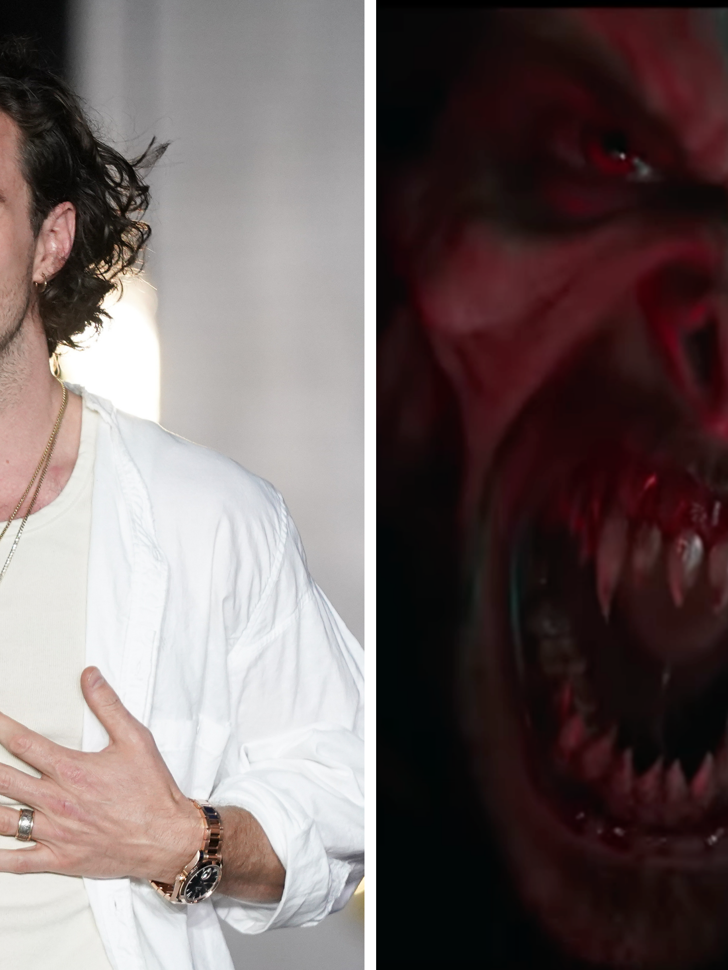Left, Aaron Taylor-Johnson, a white man with curly black hair and a white shirt, speaking into a microphone in his right hand. Right, Jared Leto as the vampire-like character Morbius, opening his mouth wide as if about to attack.