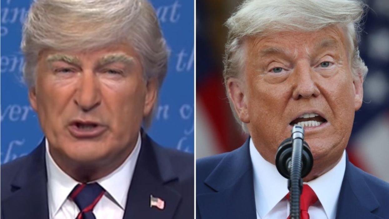 <p>(Left) Alec Baldwin was on the receiving end of a Trump tirade (Right)</p>