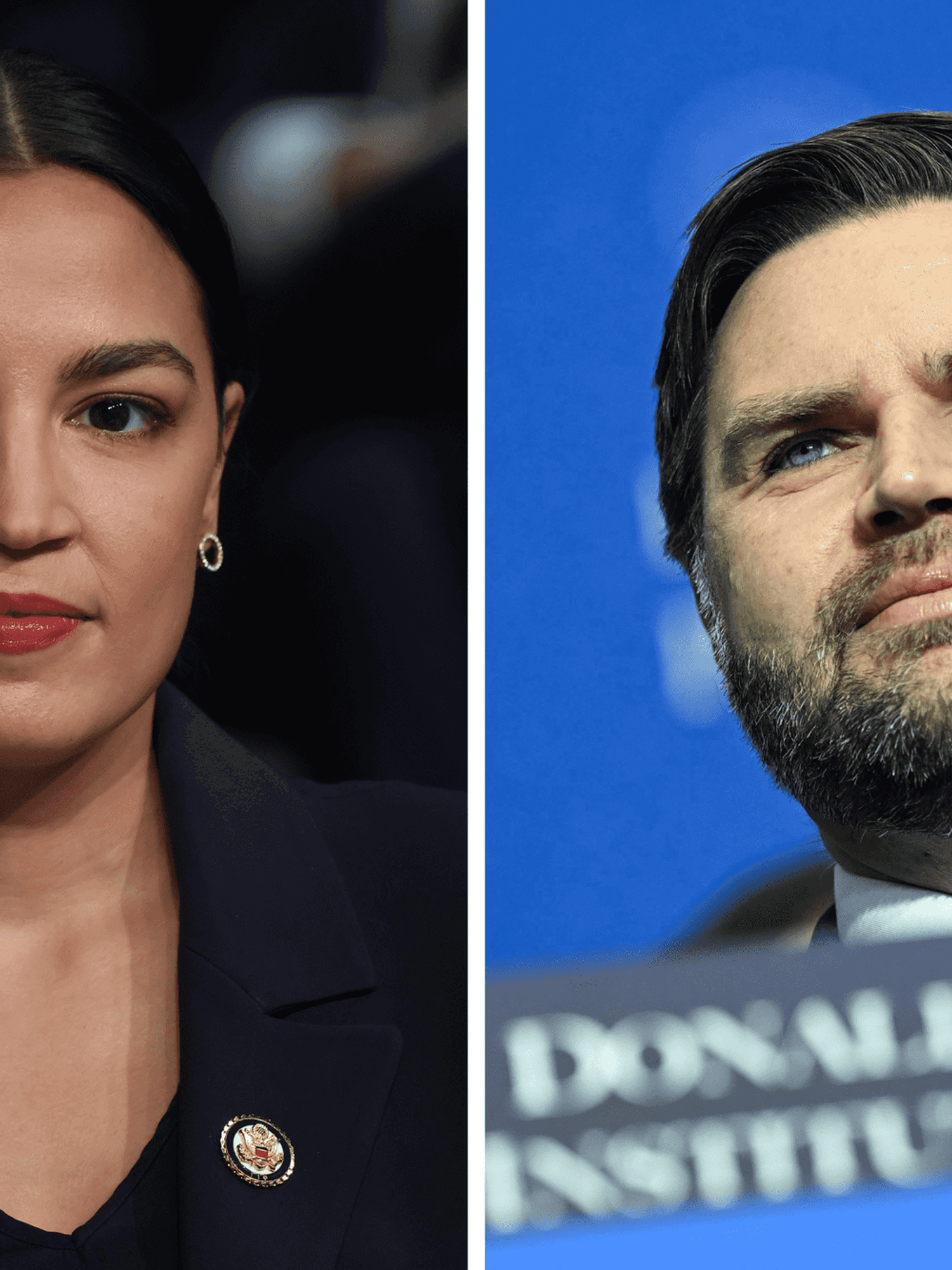 Left, Alexandria Ocasio-Cortez. Right, JD Vance.