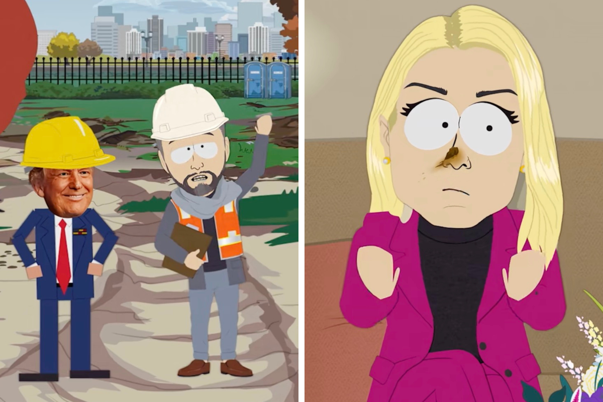 Left, an animated Donald Trump in a yellow hard hat and a builder in a white hard hat stand outside the White House. Right, an animated Pam Bondi with long blonde hair and a brown mark on her nose sits on a seat. Both stills are from an episode of South Park.