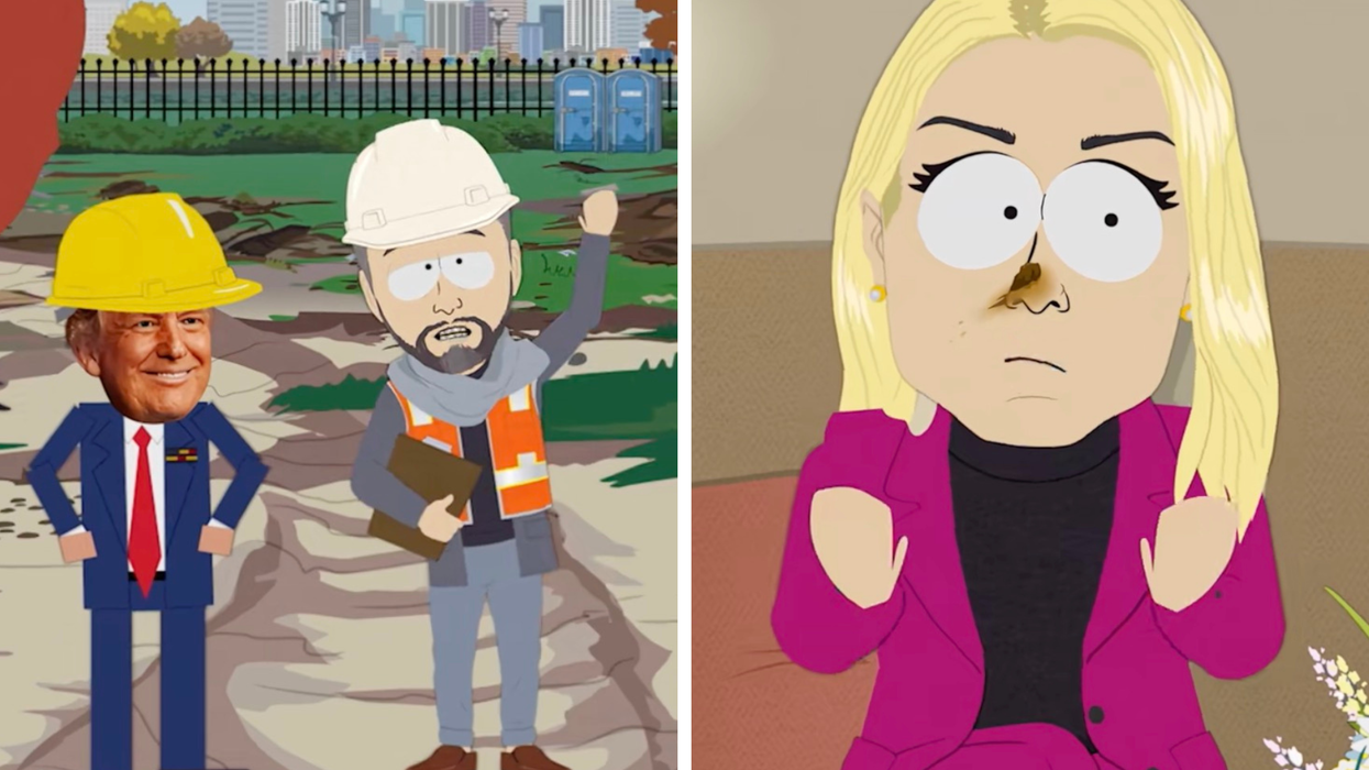 Left, an animated Donald Trump in a yellow hard hat and a builder in a white hard hat stand outside the White House. Right, an animated Pam Bondi with long blonde hair and a brown mark on her nose sits on a seat. Both stills are from an episode of South Park.