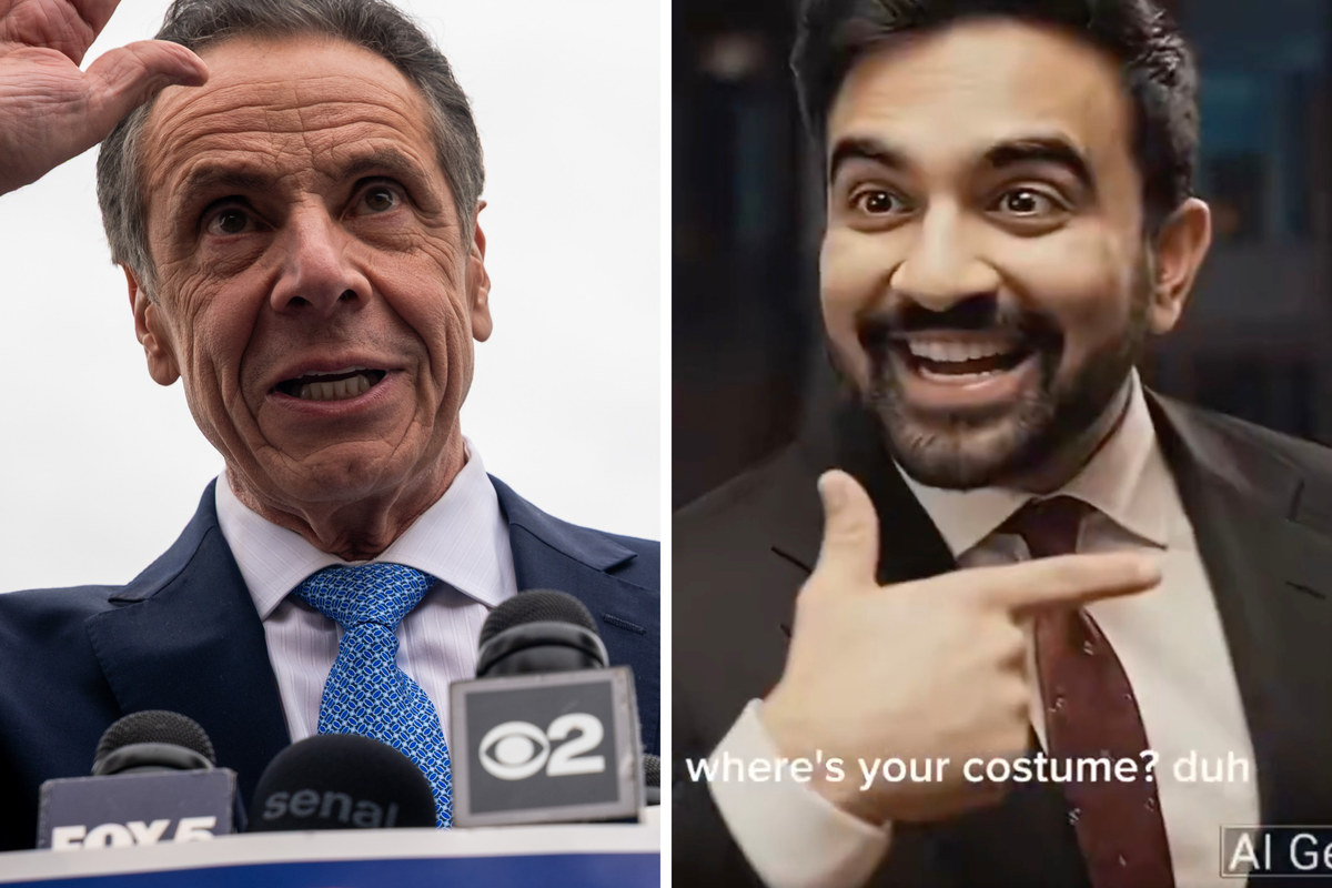 Left, Andrew Cuomo speaking into multiple news microphones. Right, an AI-generated Zohran Mamdani smiling and pointing left with his right thumb and index finger.