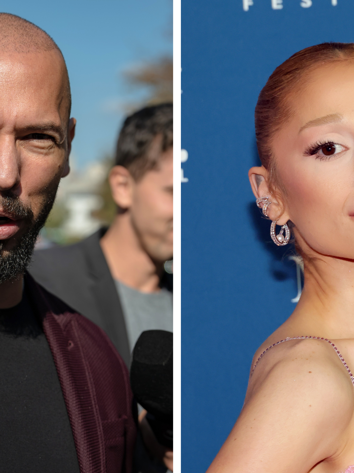 Left, Andrew Tate. Right, Ariana Grande.