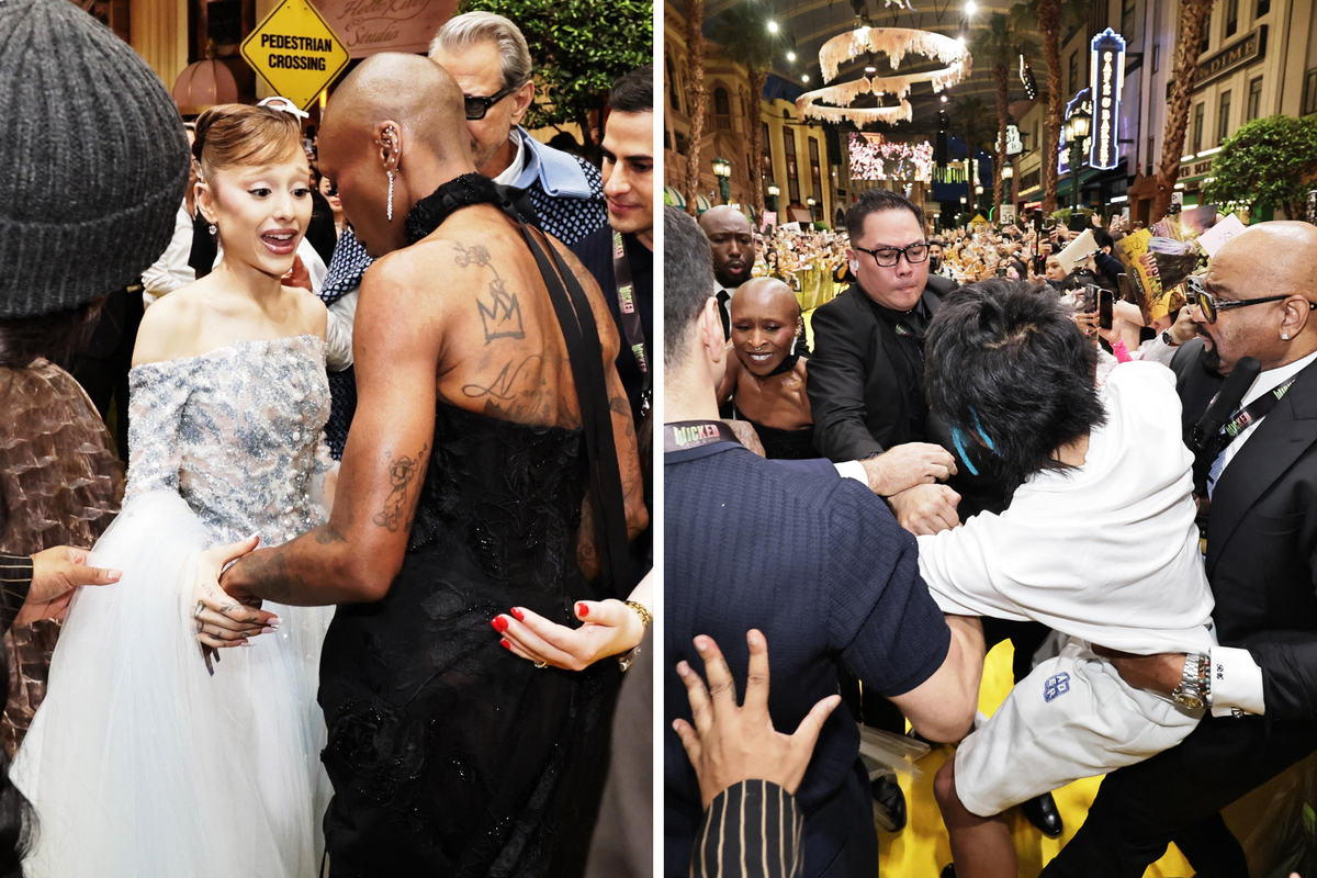 Left, Ariana Grande and Cynthia Erivo talk on the yellow carpet at the Singapore 'Wicked: For Good' premiere. Right, security carry away a person in a white T-shirt away from the cast.