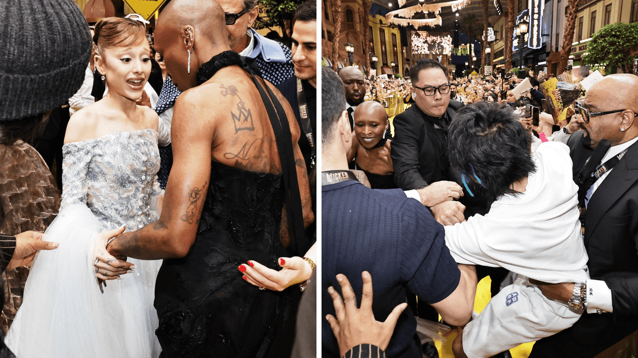 Left, Ariana Grande and Cynthia Erivo talk on the yellow carpet at the Singapore 'Wicked: For Good' premiere. Right, security carry away a person in a white T-shirt away from the cast.