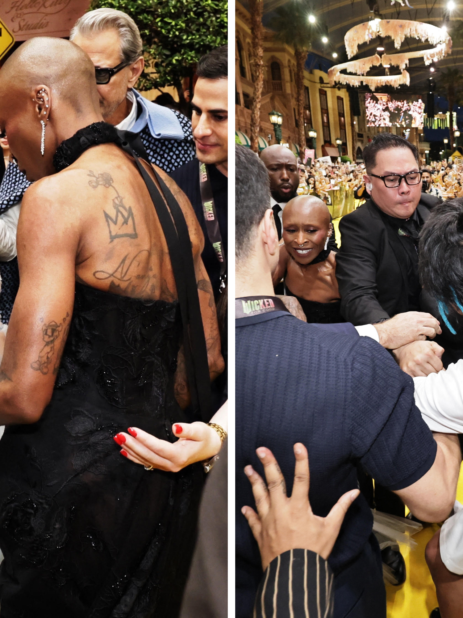 Left, Ariana Grande and Cynthia Erivo talk on the yellow carpet at the Singapore 'Wicked: For Good' premiere. Right, security carry away a person in a white T-shirt away from the cast.