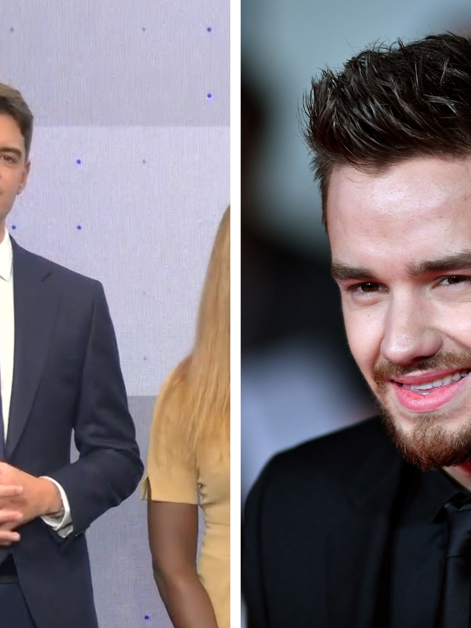 Left, Ben Leo, a white man with short brown hair and a blue suit, presenting on GB News. Right, Liam Payne, a white man with short brown hair and a black shirt, smiling.