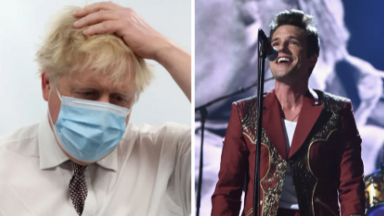 Left, Boris Johnson, a white man with short blonde hair scratches his head. He wears a white collared shirt and light blue face mask. Right, Brandon Flowers, a white man with spiky black hair wears a red suit and sings into a microphone on a stand.