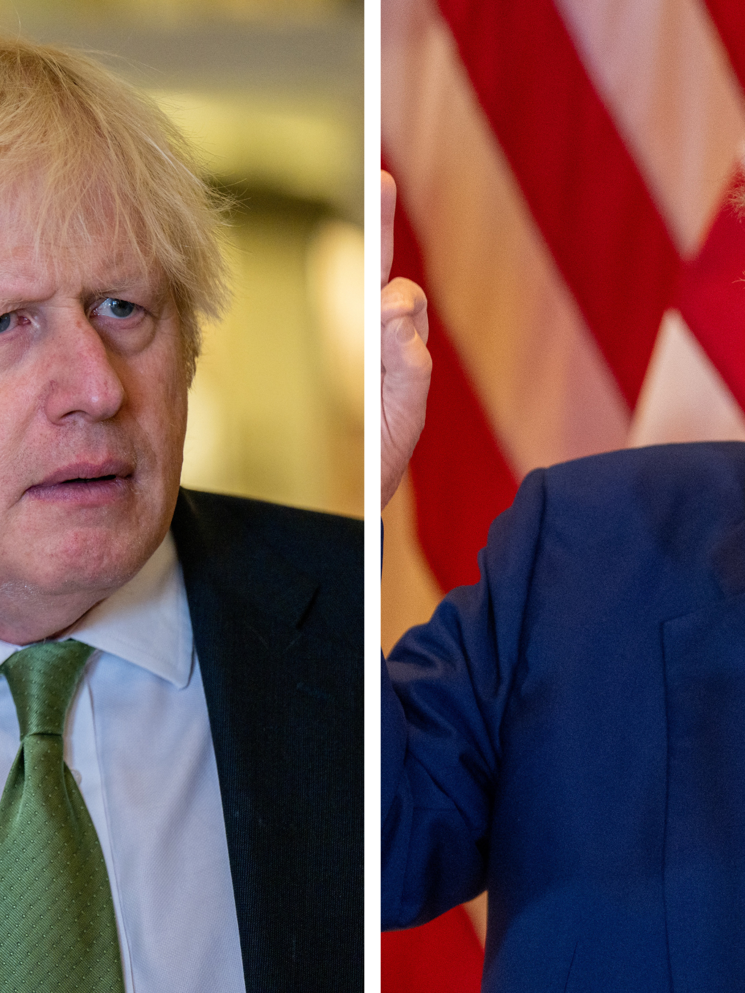 Left, Boris Johnson staring at someone off-camera with a look of concern. Right, Donald Trump, in a blue suit speaking behind a lectern.