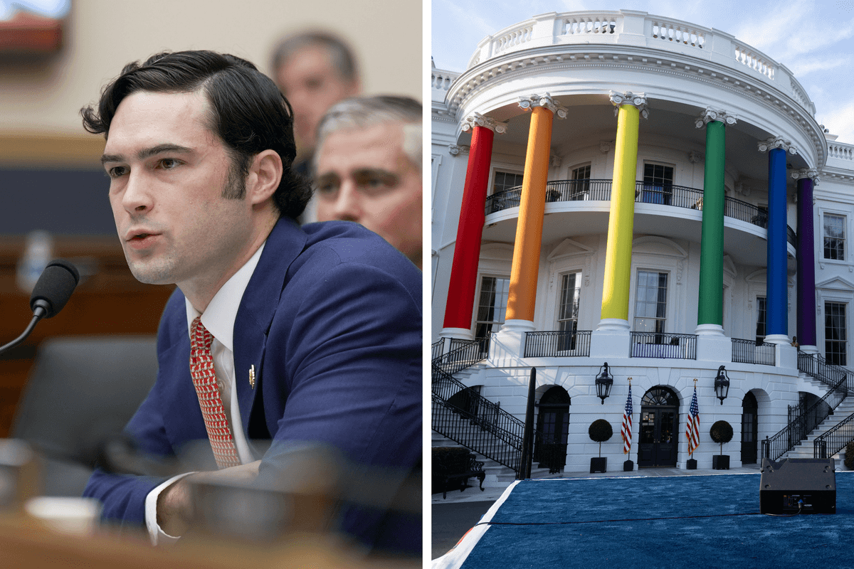 Left, Brandon Gill sitting on a House committee. Right, the White House, with its pillars covered in the colours of the rainbow.