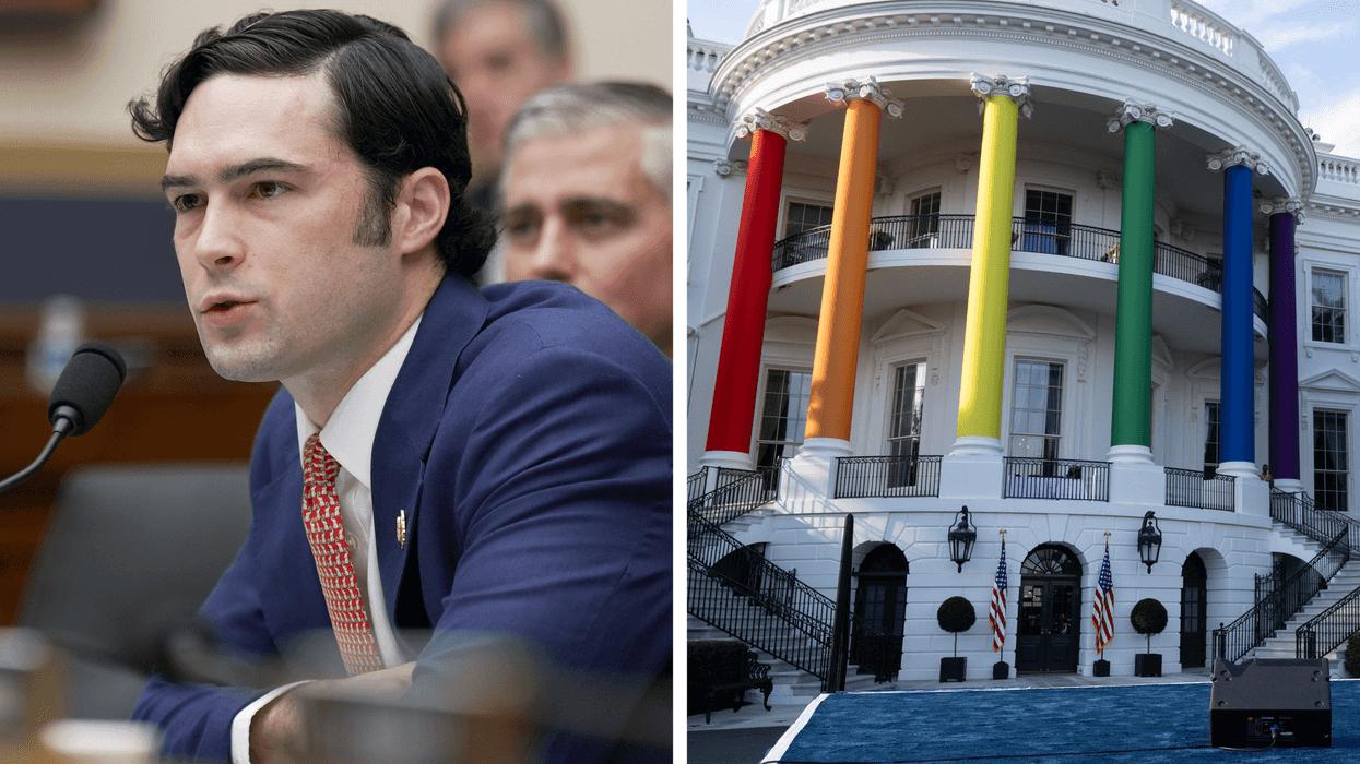 Left, Brandon Gill sitting on a House committee. Right, the White House, with its pillars covered in the colours of the rainbow.